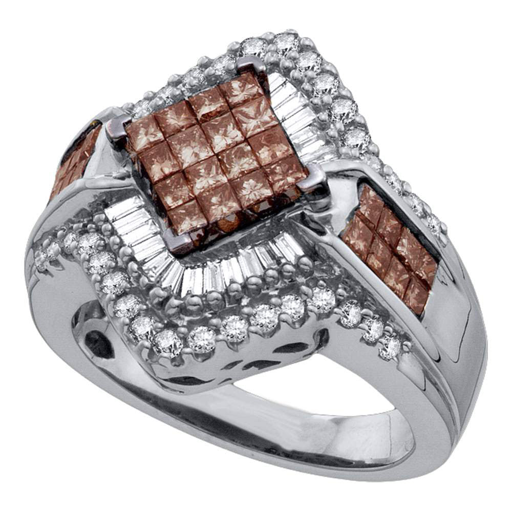 10kt White Gold Womens Princess Brown Diamond Cluster Cocktail Ring 1-1/2 Cttw