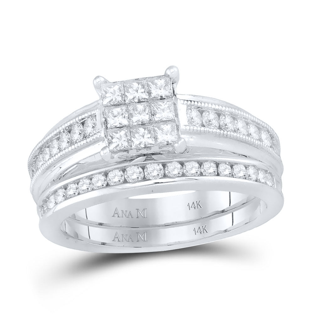 14kt White Gold Womens Princess Diamond Cluster Bridal Wedding Engagement Ring Band Set 1.00 Cttw