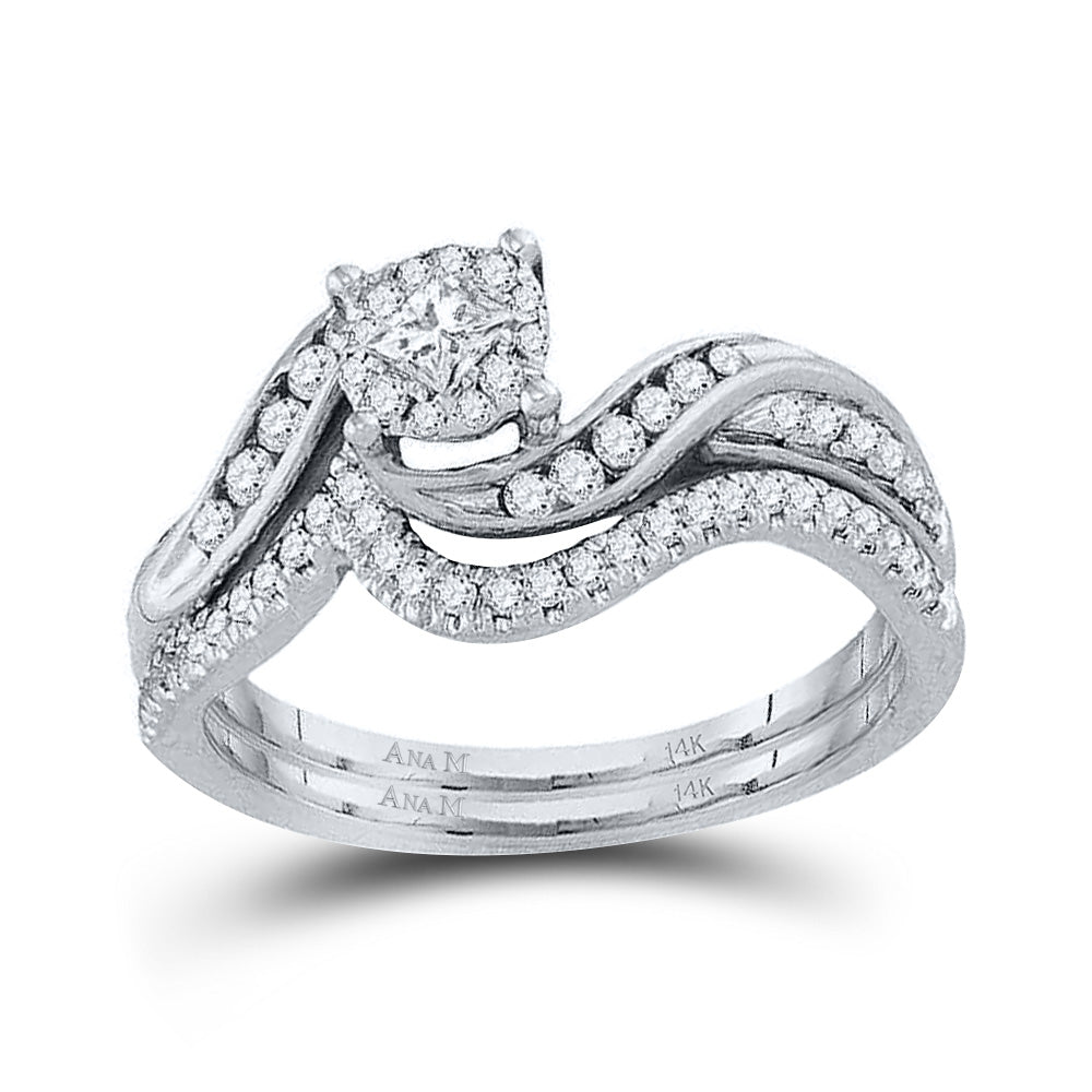 14kt White Gold Womens Princess Diamond Bridal Wedding Engagement Ring Band Set 1/2 Cttw