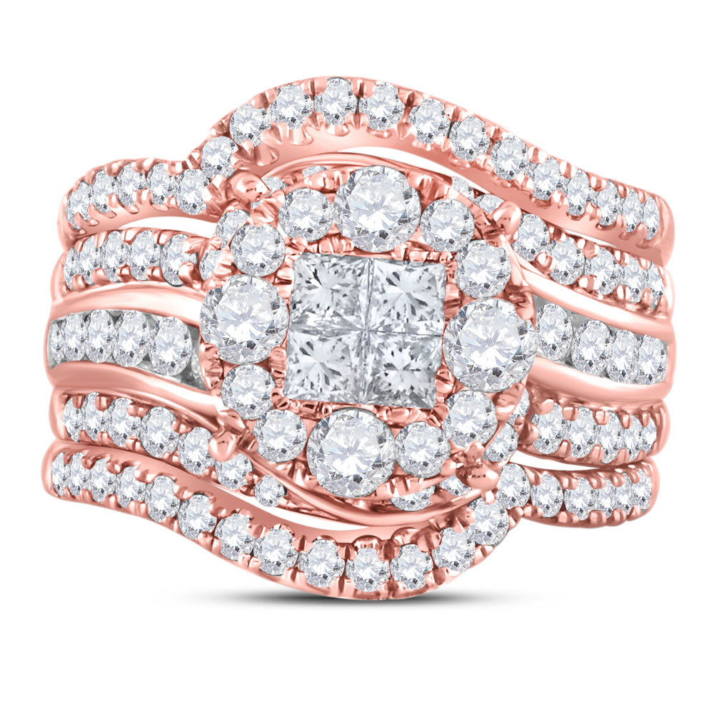 14kt Rose Gold Womens Princess Round Diamond Bridal Wedding Engagement Ring Band Set 2-1/2 Cttw