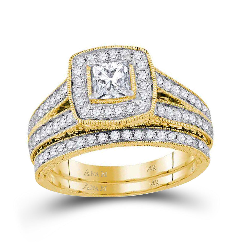14kt Yellow Gold Womens Diamond Princess Halo Bridal Wedding Engagement Ring Band Set 1-1/4 Cttw