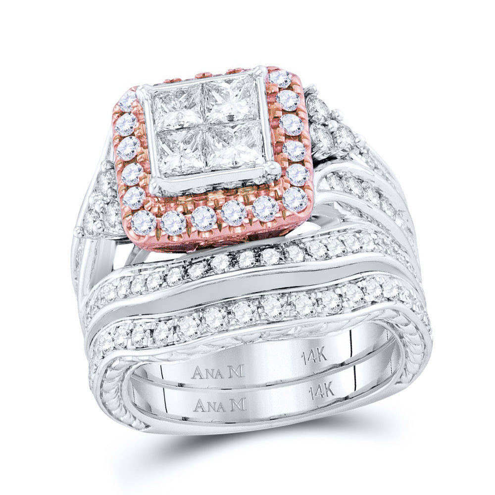 14kt White Gold Womens Princess Diamond Bridal Wedding Engagement Ring Band Set 2-7/8 Cttw