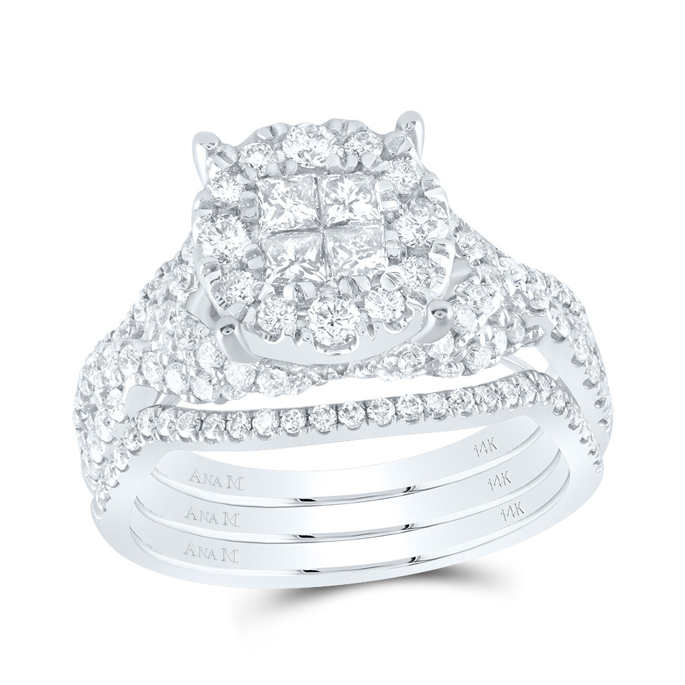 14kt White Gold Womens Princess Diamond Bridal Wedding Engagement Ring Band Set 1-1/2 Cttw