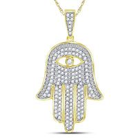 Load image into Gallery viewer, 10kt Yellow Gold Mens Round Diamond Eye of Fatima Hamsa Hand Charm Pendant 1/2 Cttw
