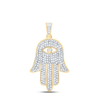 Load image into Gallery viewer, 10kt Yellow Gold Mens Round Diamond Eye of Fatima Hamsa Hand Charm Pendant 1/2 Cttw
