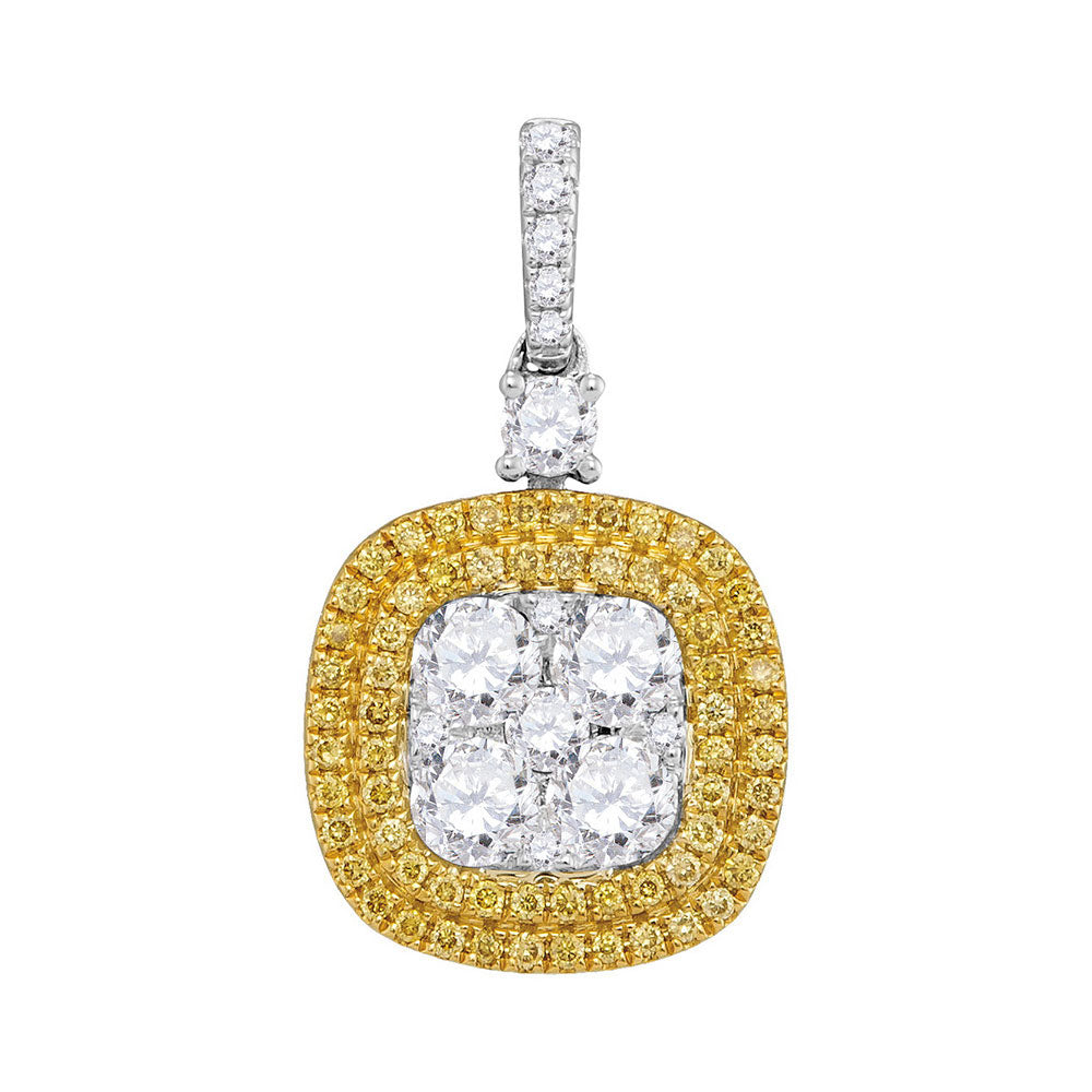 18kt White Gold Womens Round Yellow Diamond Square Cluster Pendant 1.00 Cttw