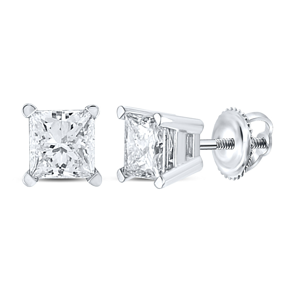 14kt White Gold Unisex Princess Diamond Solitaire Stud Earrings 1.00 Cttw