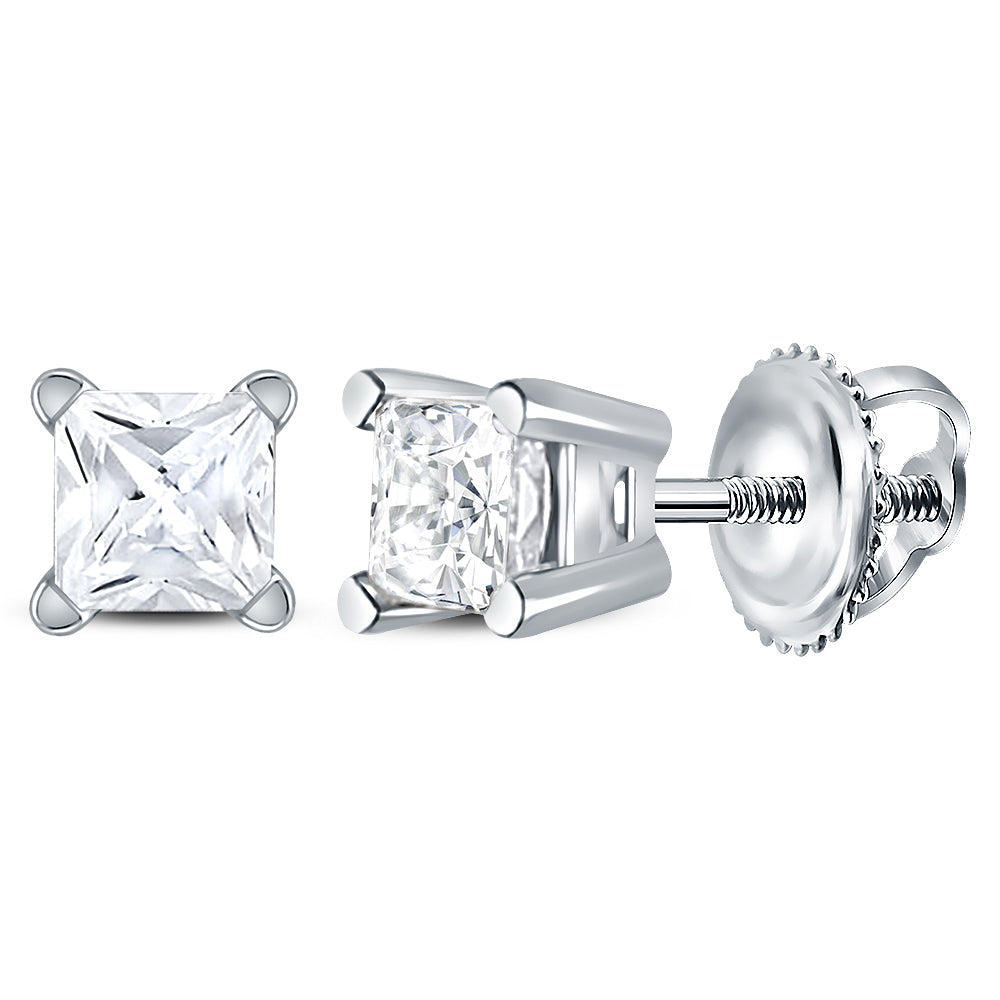 14kt White Gold Unisex Princess Diamond Solitaire Stud Earrings 1/3 Cttw