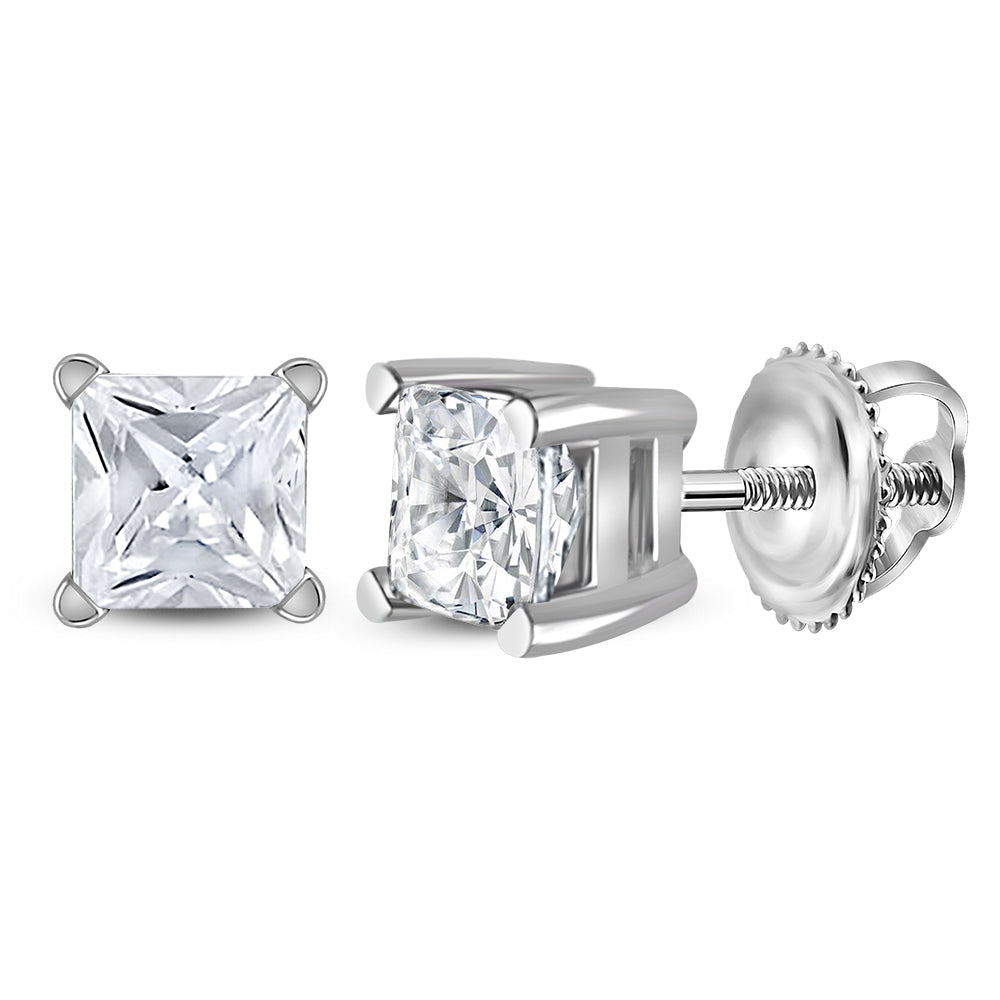 14kt White Gold Unisex Princess Diamond Solitaire Stud Earrings 3/4 Cttw