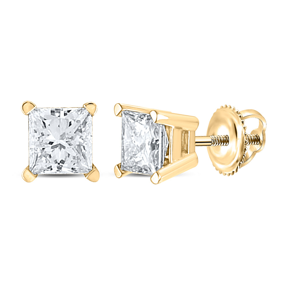 14kt Yellow Gold Unisex Princess Diamond Solitaire Stud Earrings 1.00 Cttw