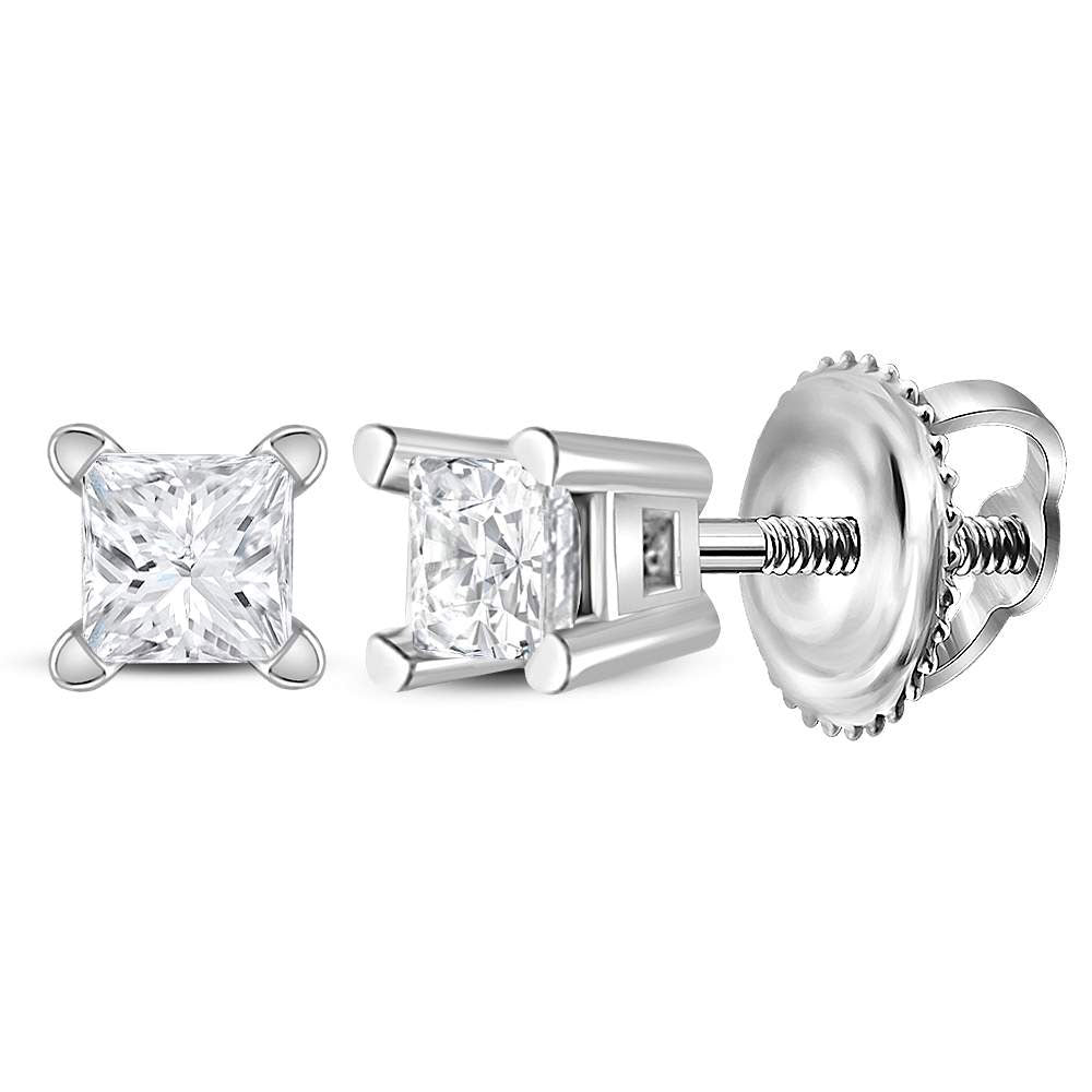 14kt White Gold Unisex Princess Diamond Solitaire Stud Earrings 1/6 Cttw