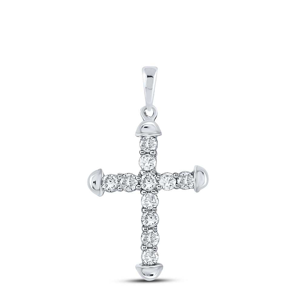 10kt White Gold Womens Round Diamond Cross Faith Pendant 1/3 Cttw