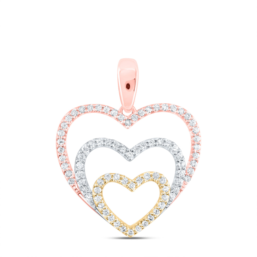 10kt Tri-Tone Gold Womens Round Diamond Triple Nested Heart Pendant 1/3 Cttw