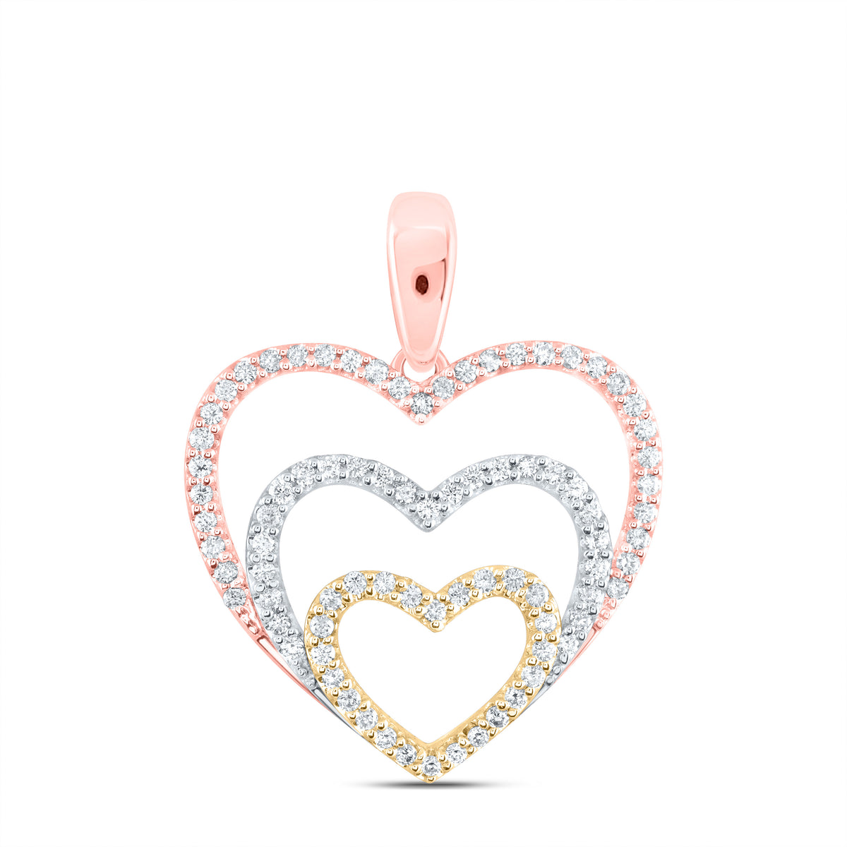 10kt Tri-Tone Gold Womens Round Diamond Triple Nested Heart Pendant 1/3 Cttw