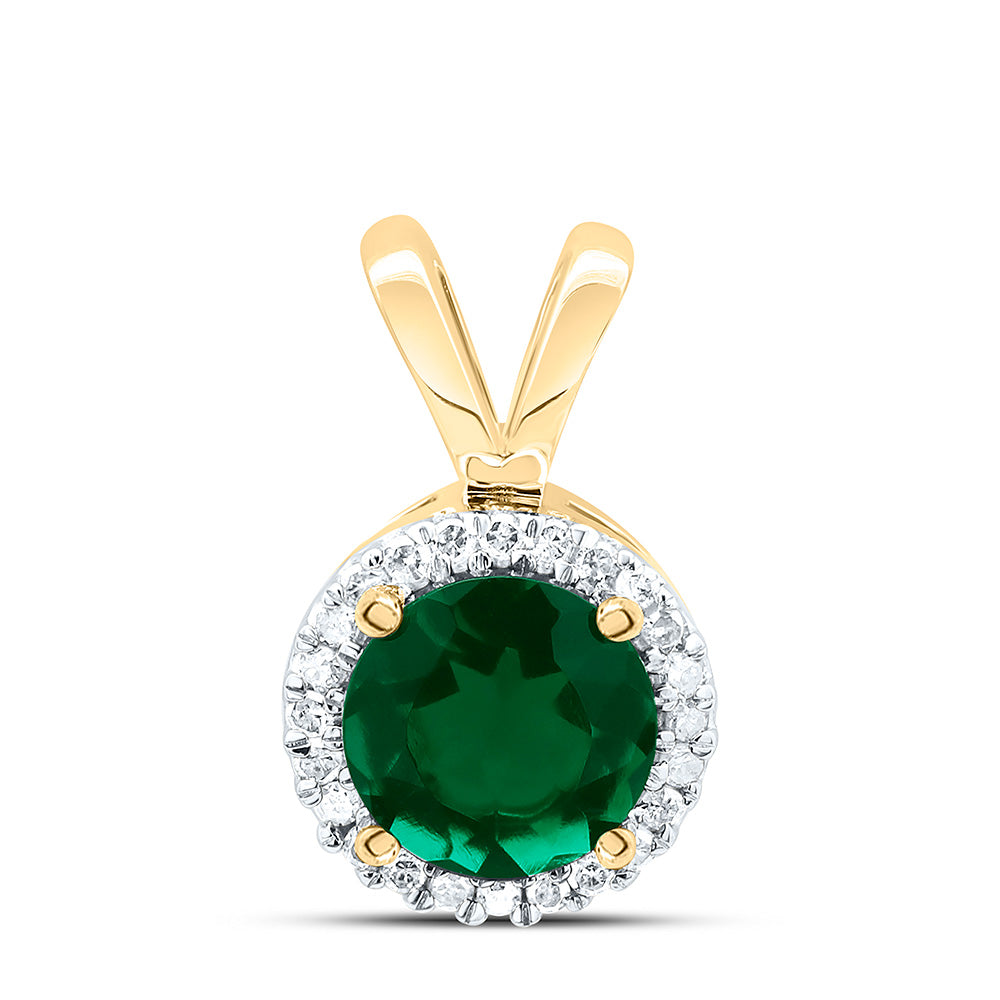 10k Yellow Gold Womens Lab-Created Emerald Solitaire & Diamond Halo Pendant 7/8 Cttw