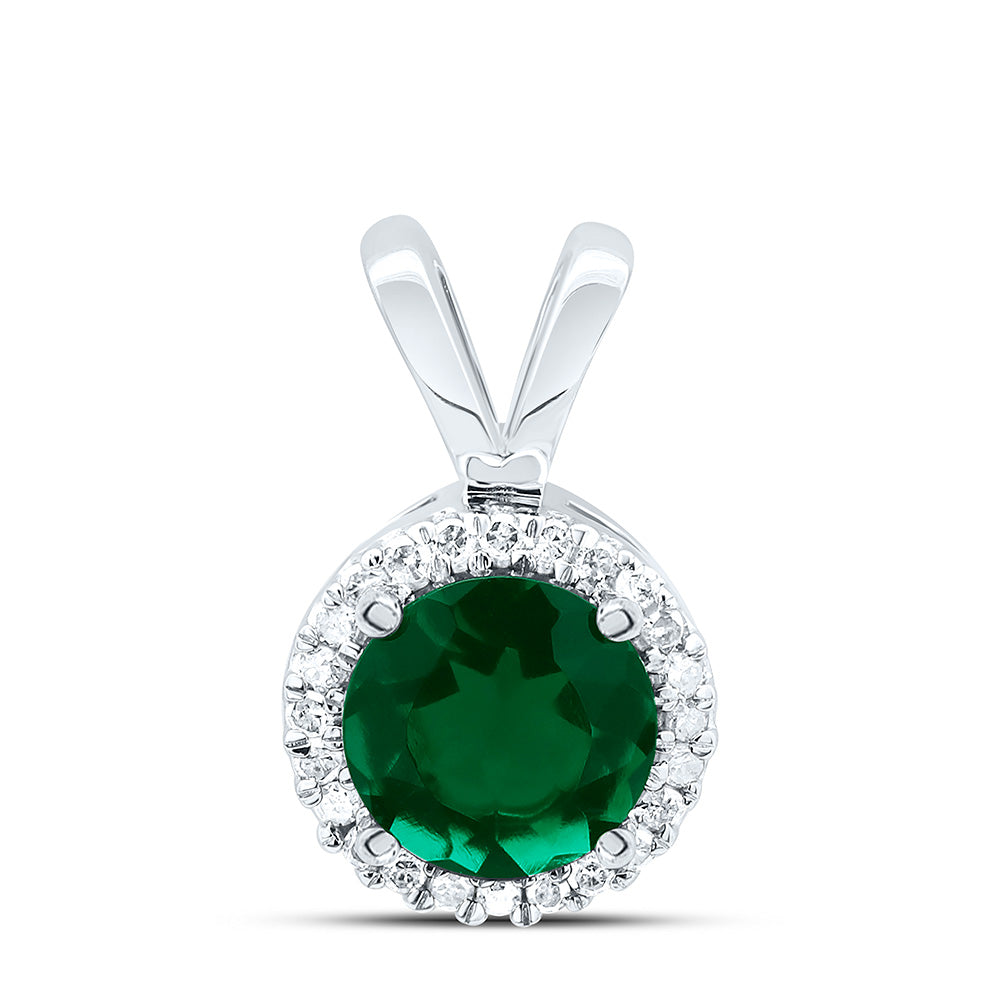 10k White Gold Womens Lab-Created Emerald Solitaire & Diamond Halo Pendant 7/8 Cttw