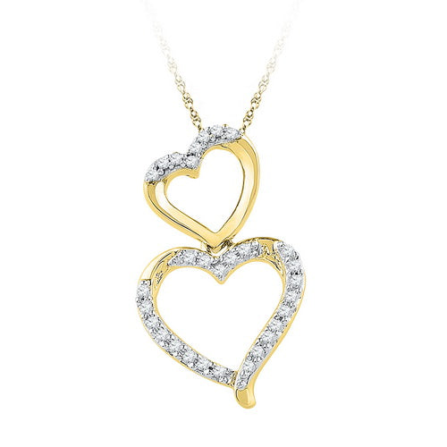 10kt Yellow Gold Womens Round Diamond Double Stacked Heart Pendant 1/6 Cttw