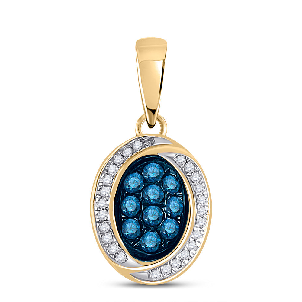 10kt Yellow Gold Womens Round Blue Color Enhanced Diamond Oval Pendant 1/3 Cttw