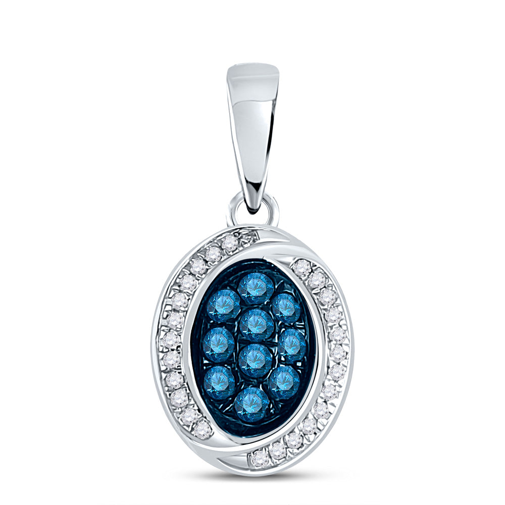 10kt White Gold Womens Round Blue Color Enhanced Diamond Oval Pendant 1/3 Cttw