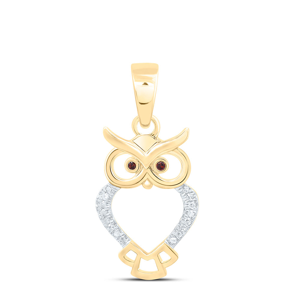 10kt Yellow Gold Womens Round Red Color Enhanced Diamond Owl Bird Animal Pendant 1/20 Cttw