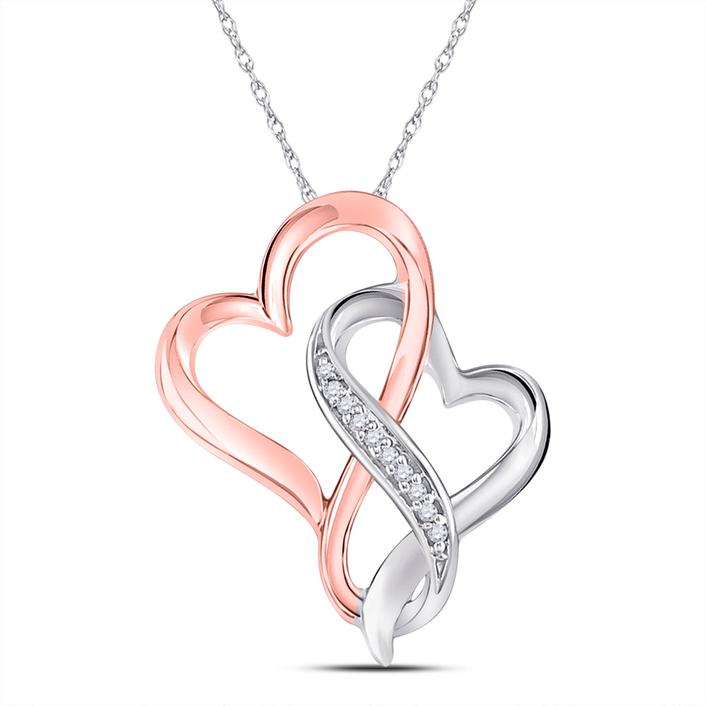 10kt White Gold Womens Round Diamond Double Linked Joined Heart Pendant .03 Cttw