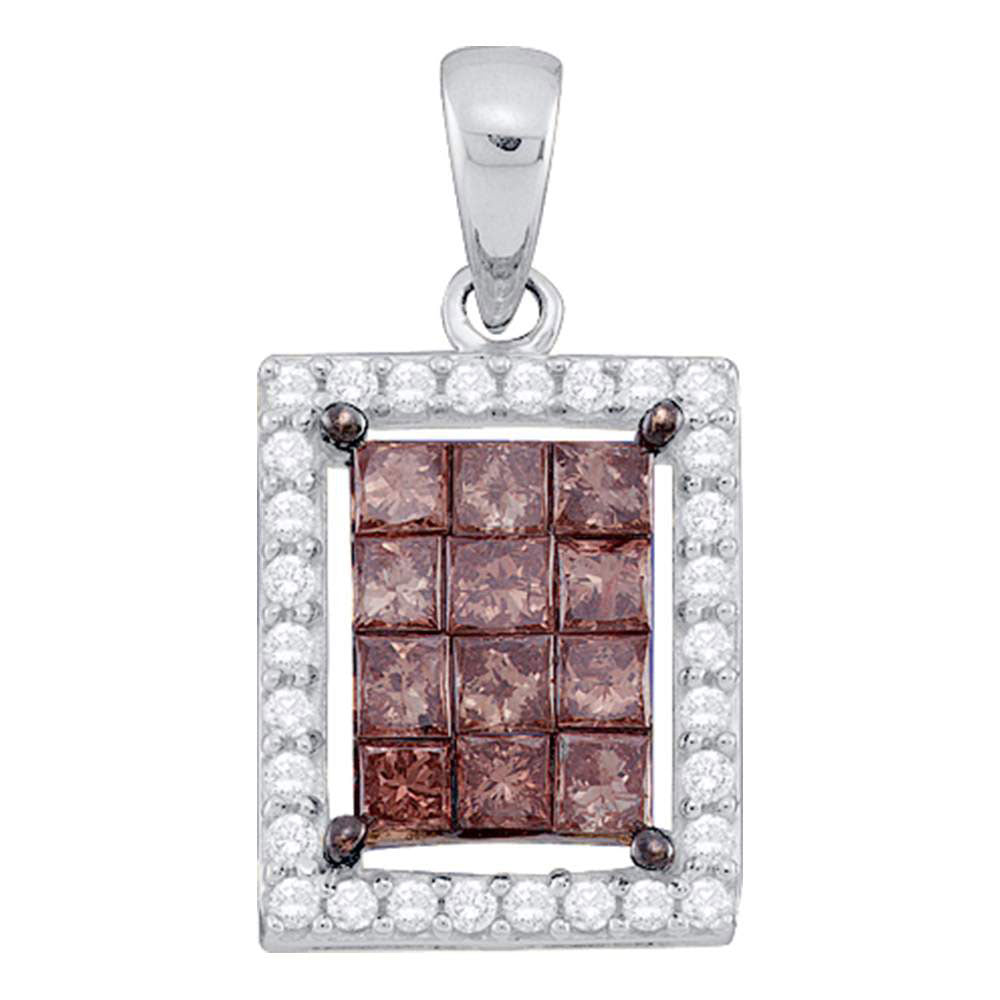 14kt White Gold Womens Princess Brown Diamond Emerald Cluster Pendant 1.00 Cttw