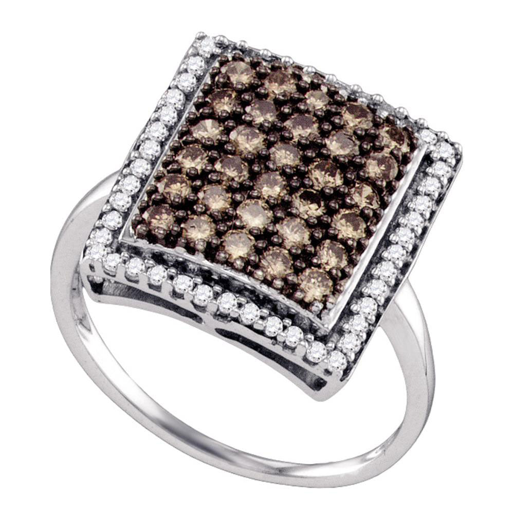10kt White Gold Womens Round Brown Diamond Rectangle Cluster Ring 1.00 Cttw