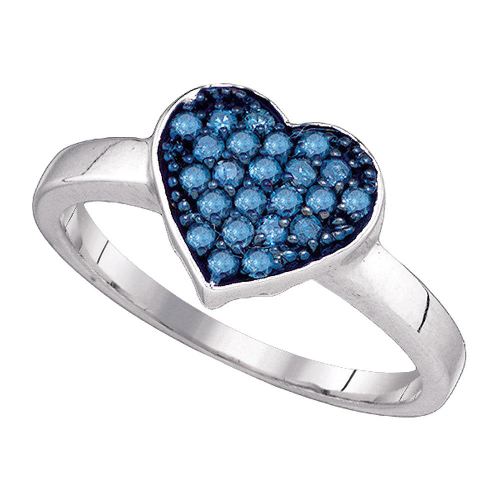 10kt White Gold Womens Round Blue Color Enhanced Diamond Heart Cluster Ring 1/3 Cttw