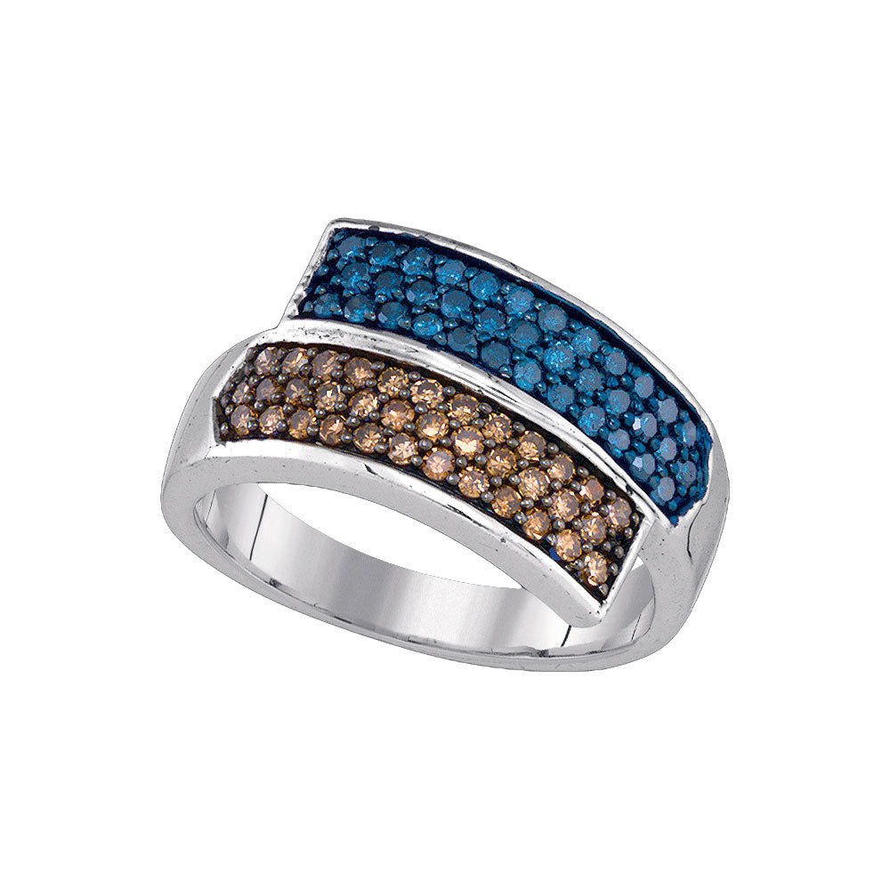 10kt White Gold Womens Round Blue Brown Diamond Band Ring 3/4 Cttw