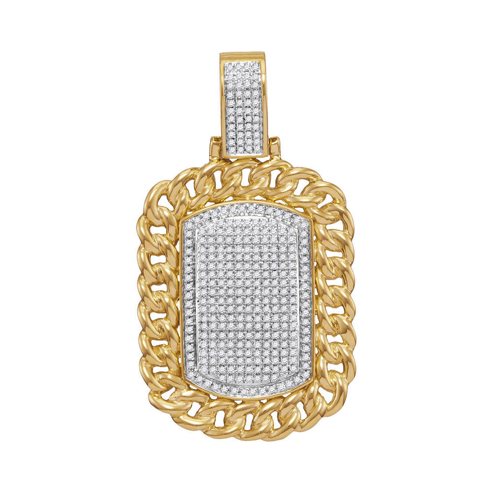 10kt Yellow Gold Mens Round Diamond Cuban Link Frame Outline Dog Tag Cluster Charm Pendant 7/8 Cttw