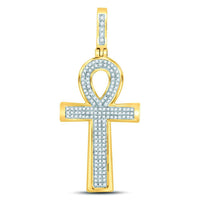 Load image into Gallery viewer, 10kt Yellow Gold Mens Round Diamond Ankh Cross Charm Pendant 1/3 Cttw
