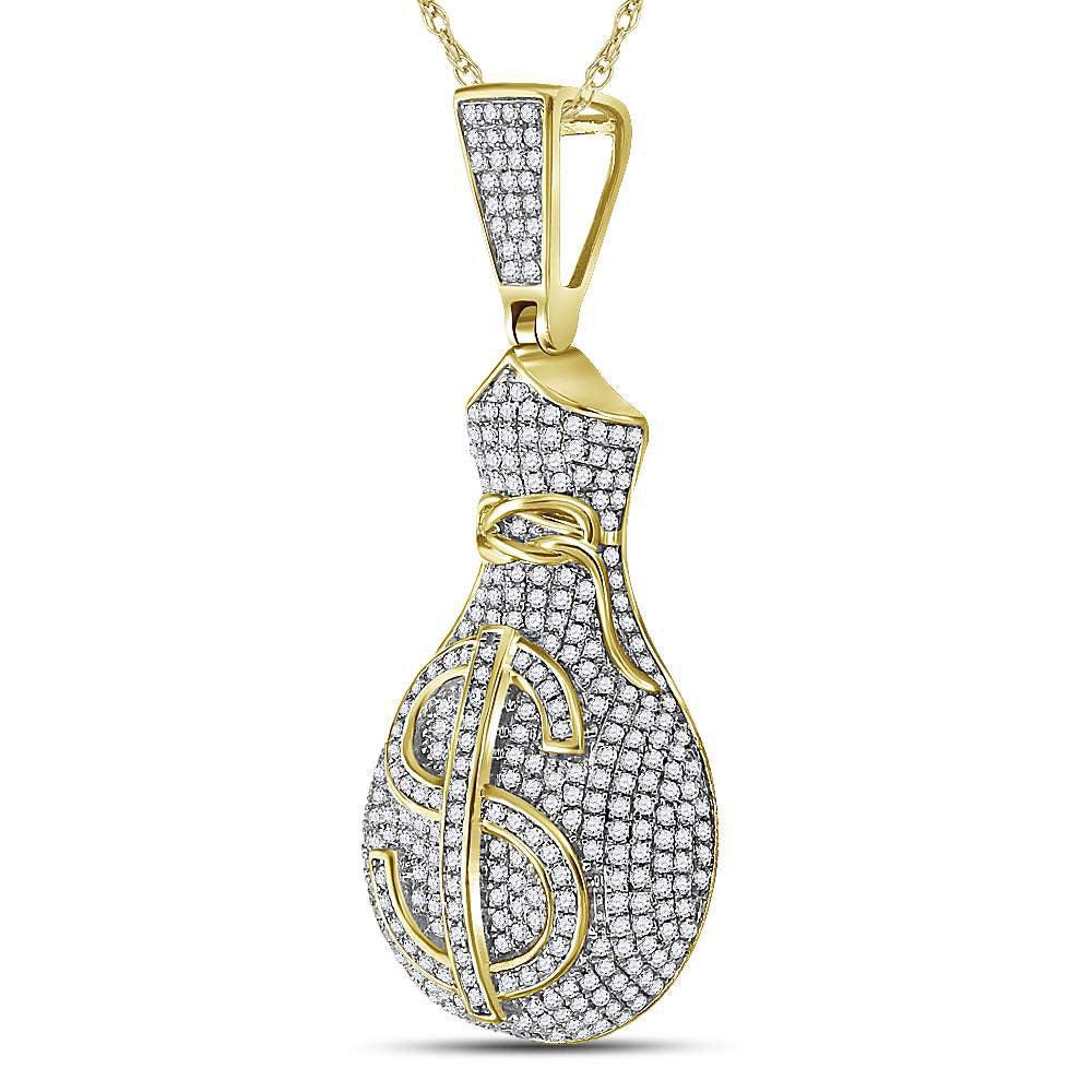 10kt Yellow Gold Mens Round Diamond Money Bag Dollar Sign Charm Pendant 1.00 Cttw
