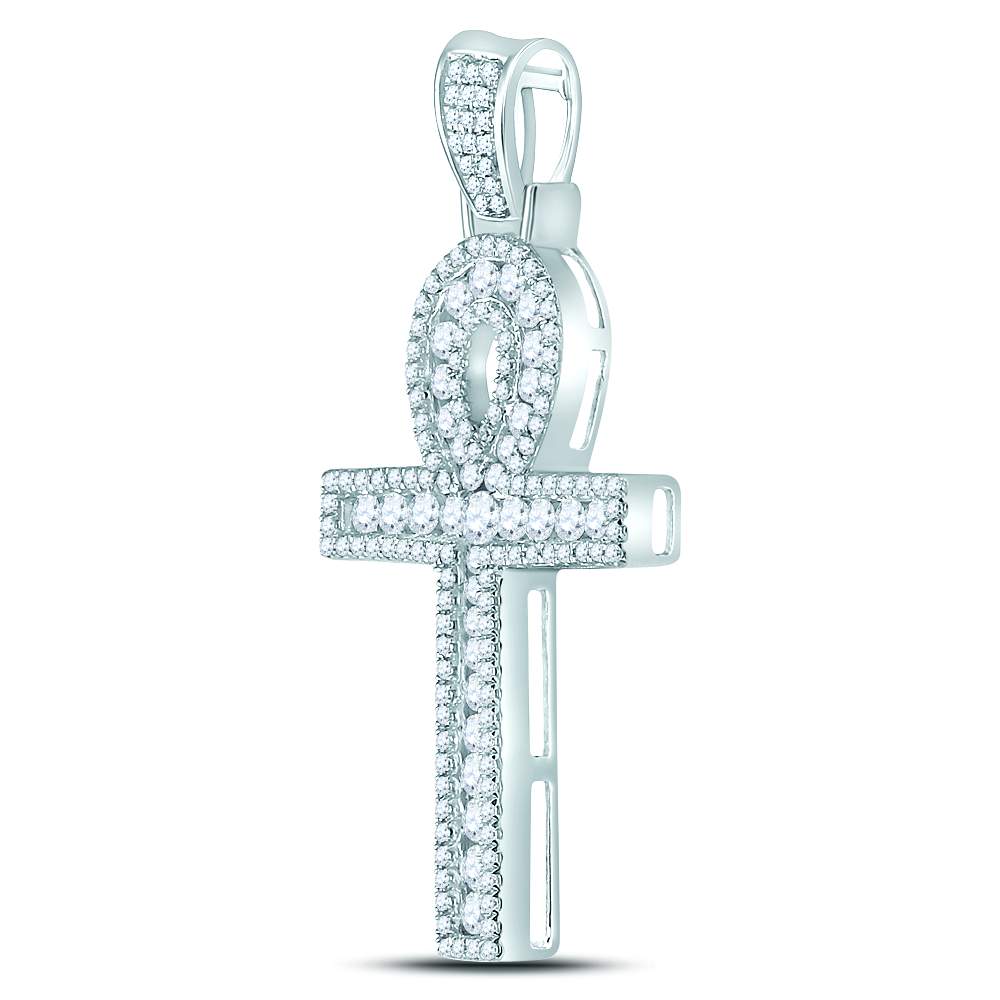 10kt White Gold Mens Round Diamond Ankh Cross Charm Pendant 1.00 Cttw