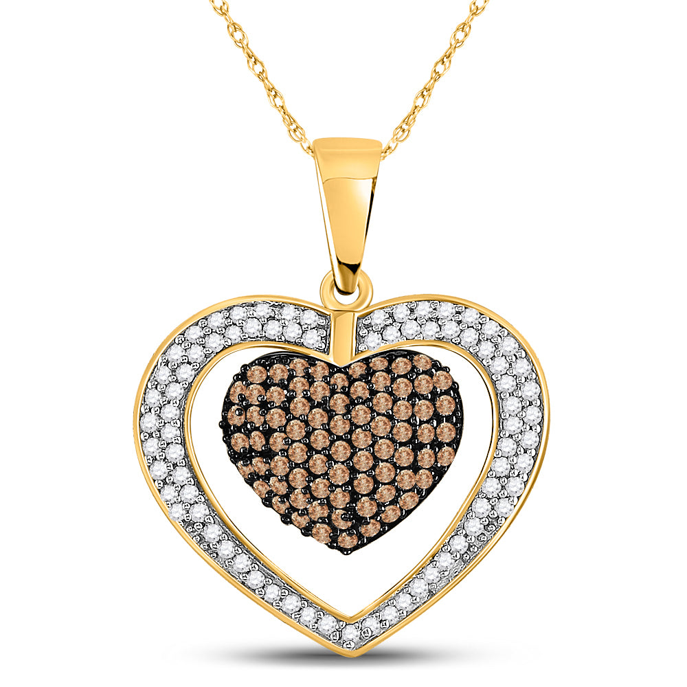 10kt Yellow Gold Womens Round Brown Diamond Double Heart Cluster Pendant 1.00 Cttw