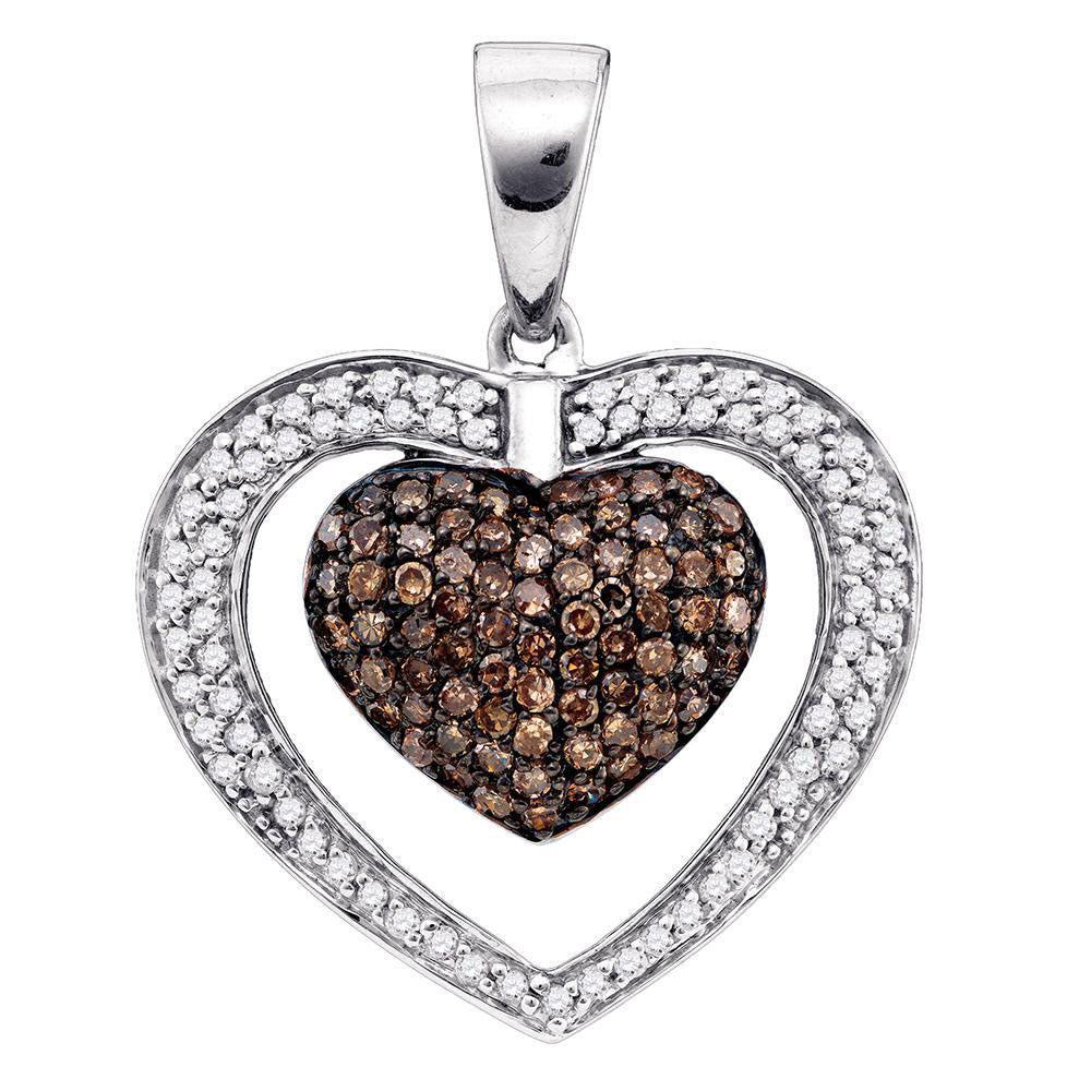 10kt White Gold Womens Round Brown Diamond Double Heart Cluster Pendant 1.00 Cttw