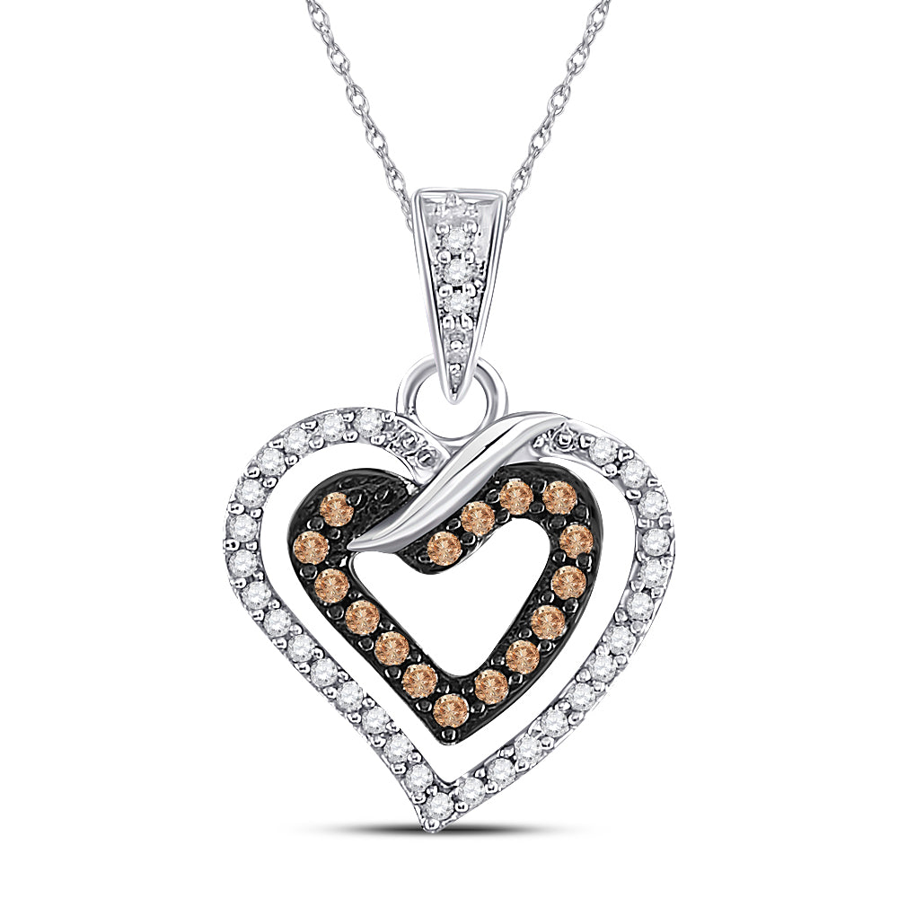 10kt White Gold Womens Round Brown Diamond Double Heart Pendant 1/4 Cttw