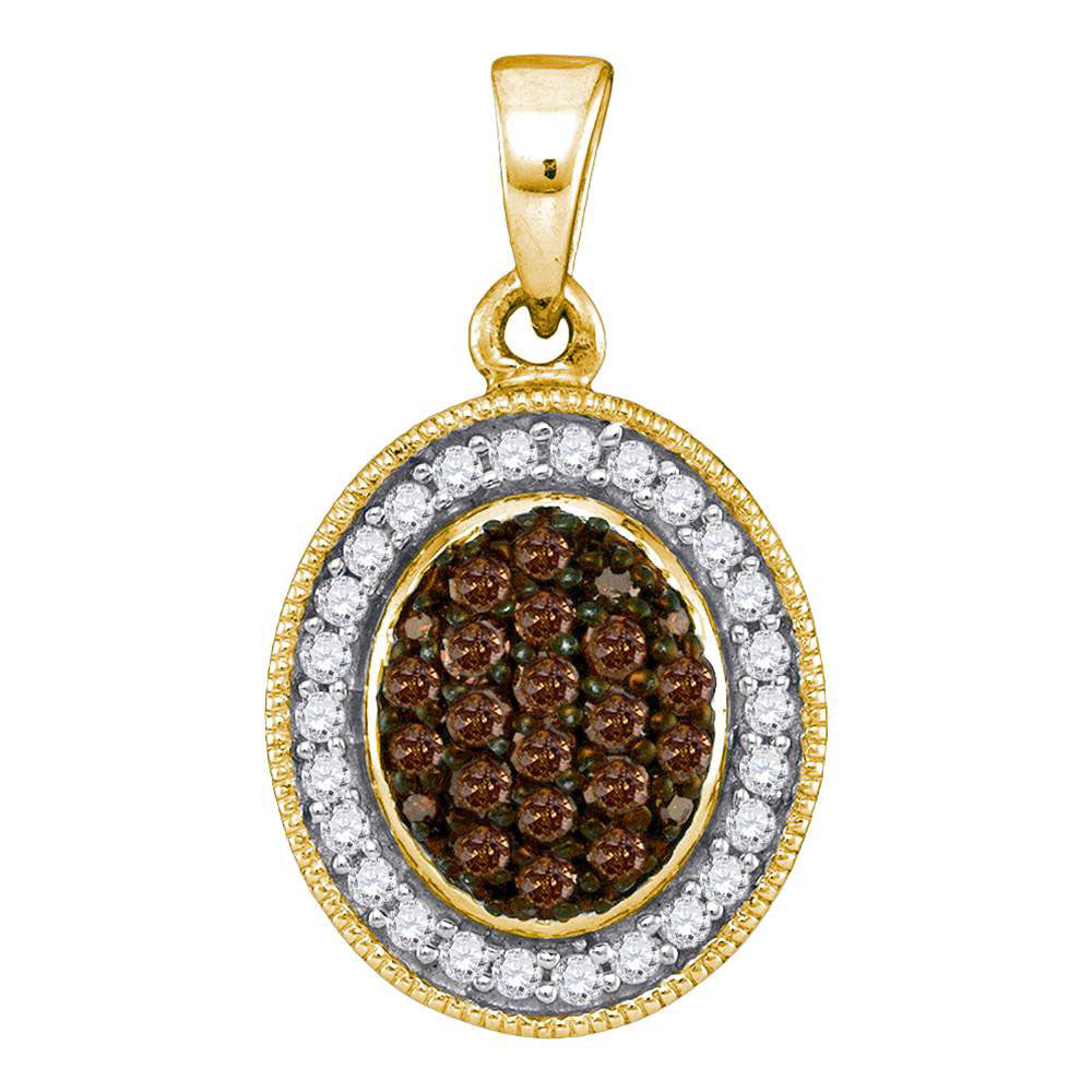 10kt Yellow Gold Womens Round Brown Diamond Oval Frame Cluster Pendant 1/3 Cttw