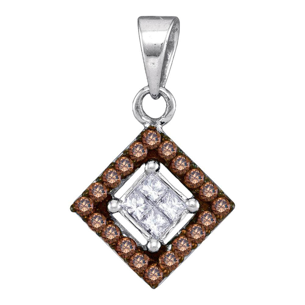 10kt White Gold Womens Round Brown Diamond Diagonal Square Pendant 1/3 Cttw