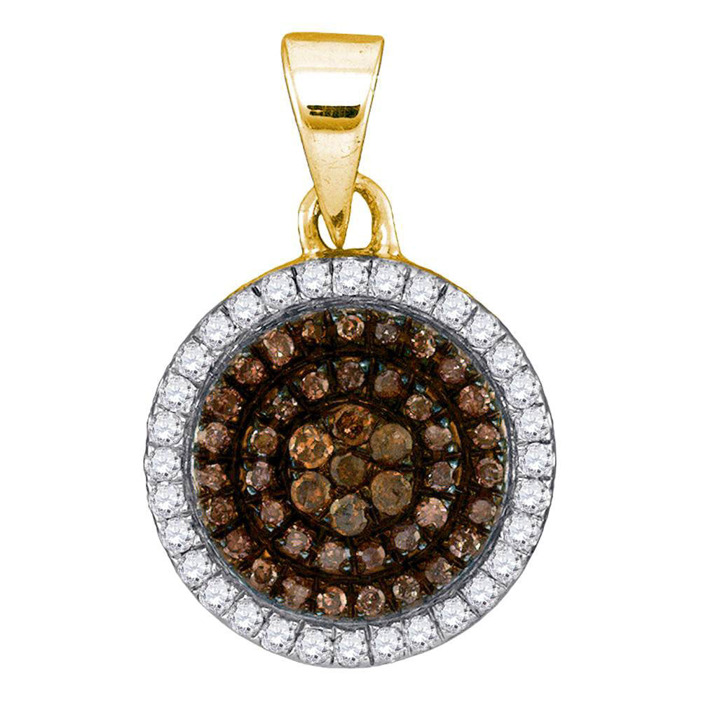 10kt Yellow Gold Womens Round Brown Diamond Circle Frame Cluster Pendant 1/3 Cttw