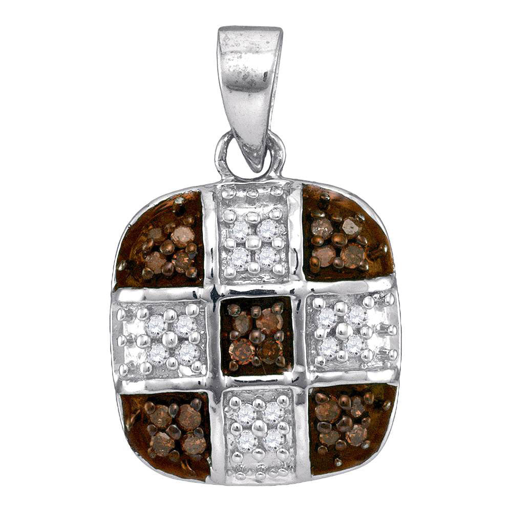 10kt White Gold Womens Round Brown Diamond Square Cross Pendant 1/5 Cttw