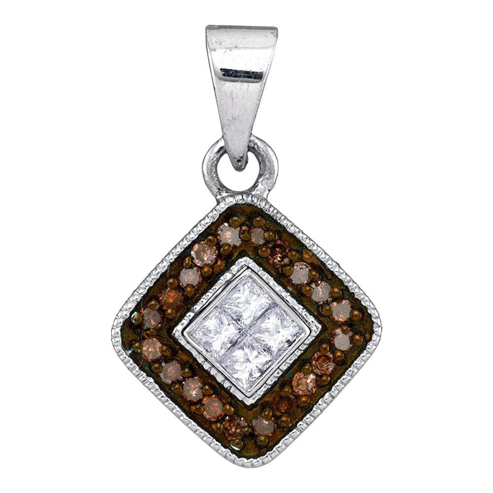 10kt White Gold Womens Round Brown Diamond Diagonal Square Pendant 1/5 Cttw