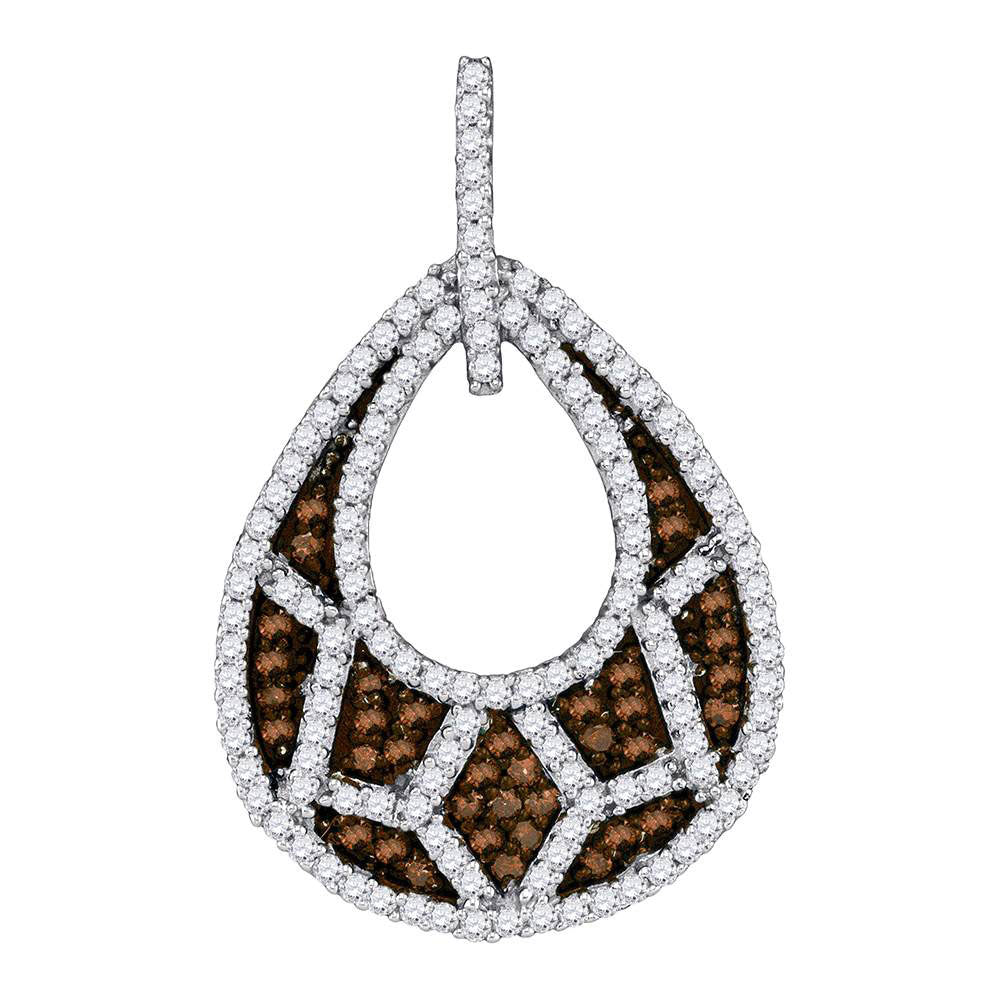 10kt White Gold Womens Round Brown Diamond Teardrop Pendant 3/4 Cttw