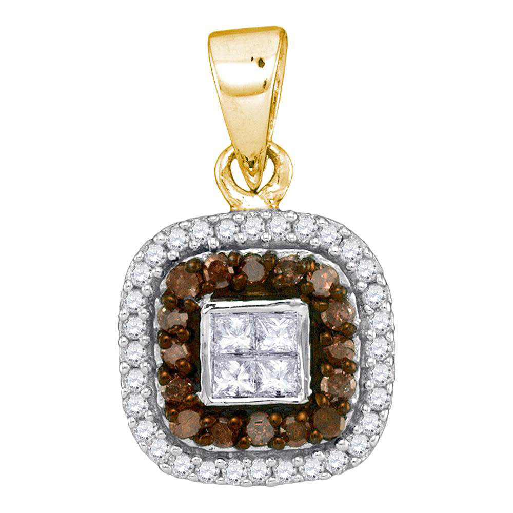 10kt Yellow Gold Womens Round Brown Diamond Square Frame Pendant 1/3 Cttw