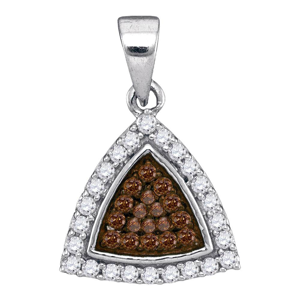 10kt White Gold Womens Round Brown Diamond Triangle Frame Cluster Pendant 1/3 Cttw