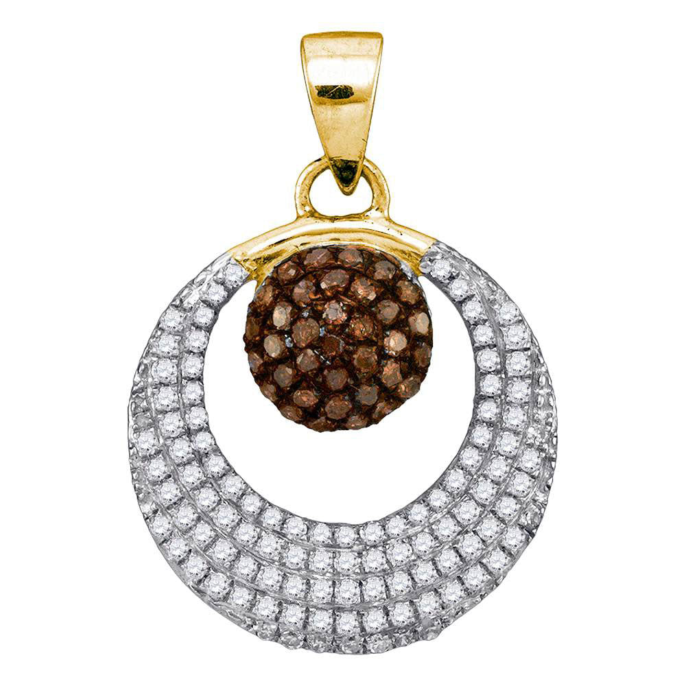 10kt Yellow Gold Womens Round Brown Diamond Nested Circle Pendant 3/8 Cttw