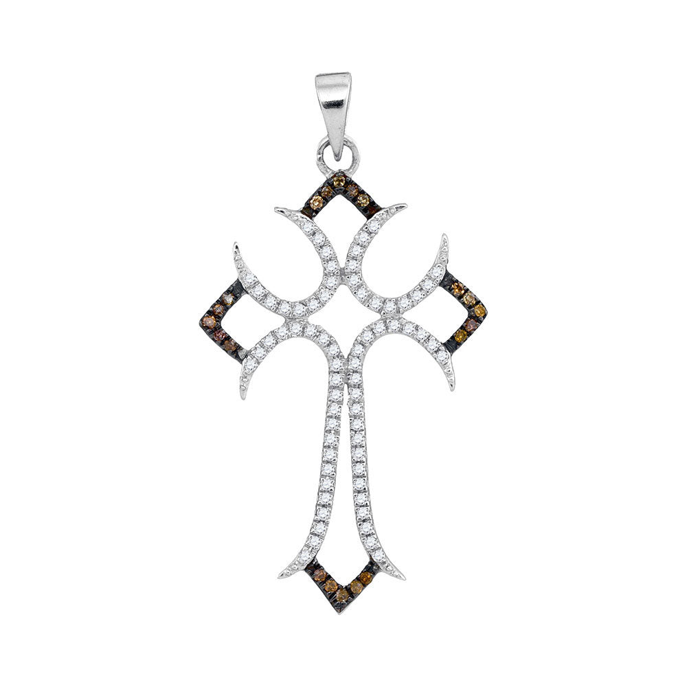 10kt White Gold Womens Round Brown Diamond Cross Pendant 1/4 Cttw