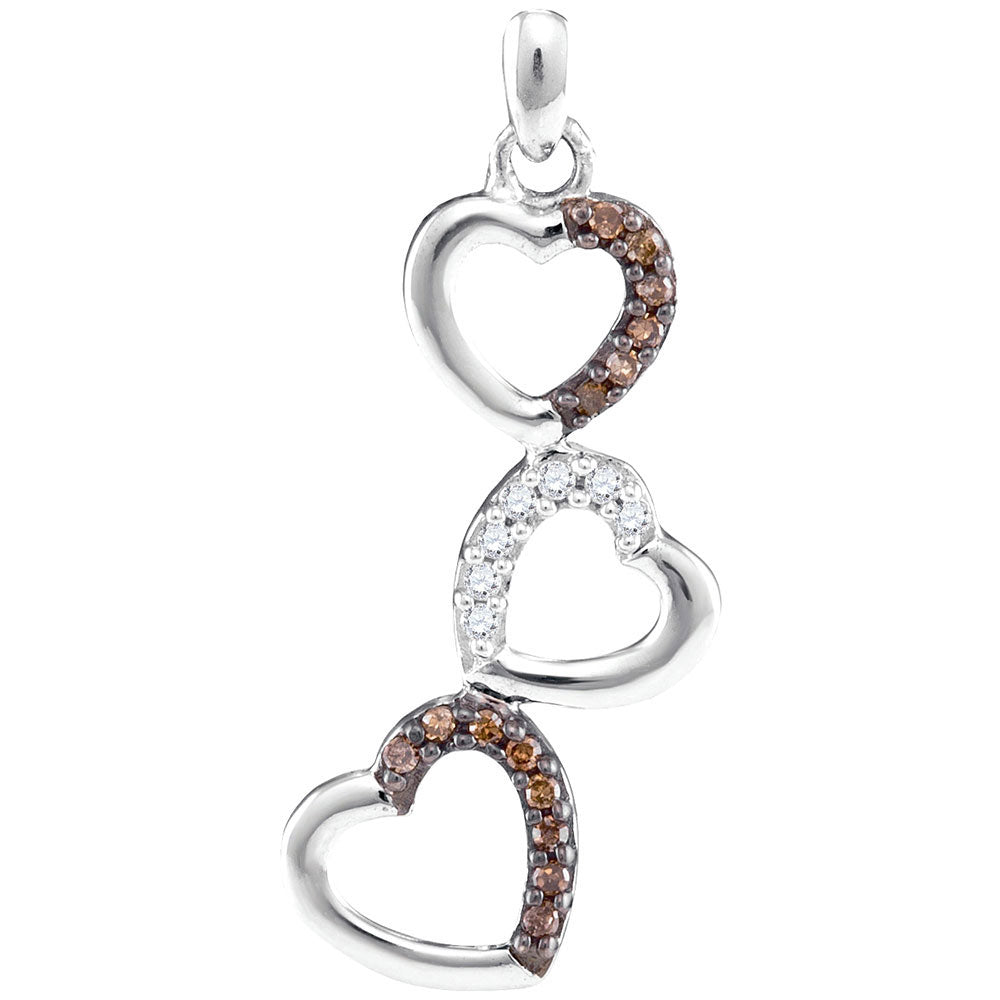 10kt White Gold Womens Round Brown Diamond Triple Heart Pendant 1/6 Cttw