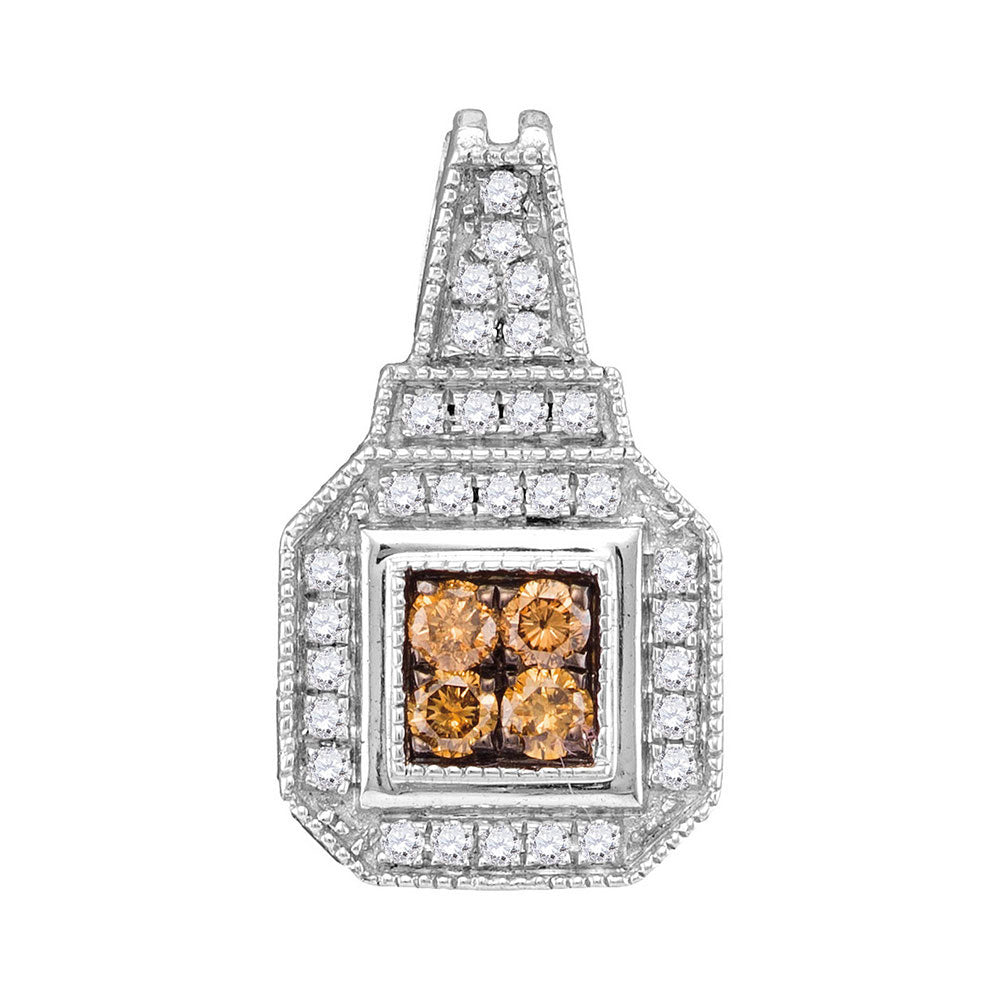 10kt White Gold Womens Round Brown Diamond Square Cluster Pendant 1/3 Cttw