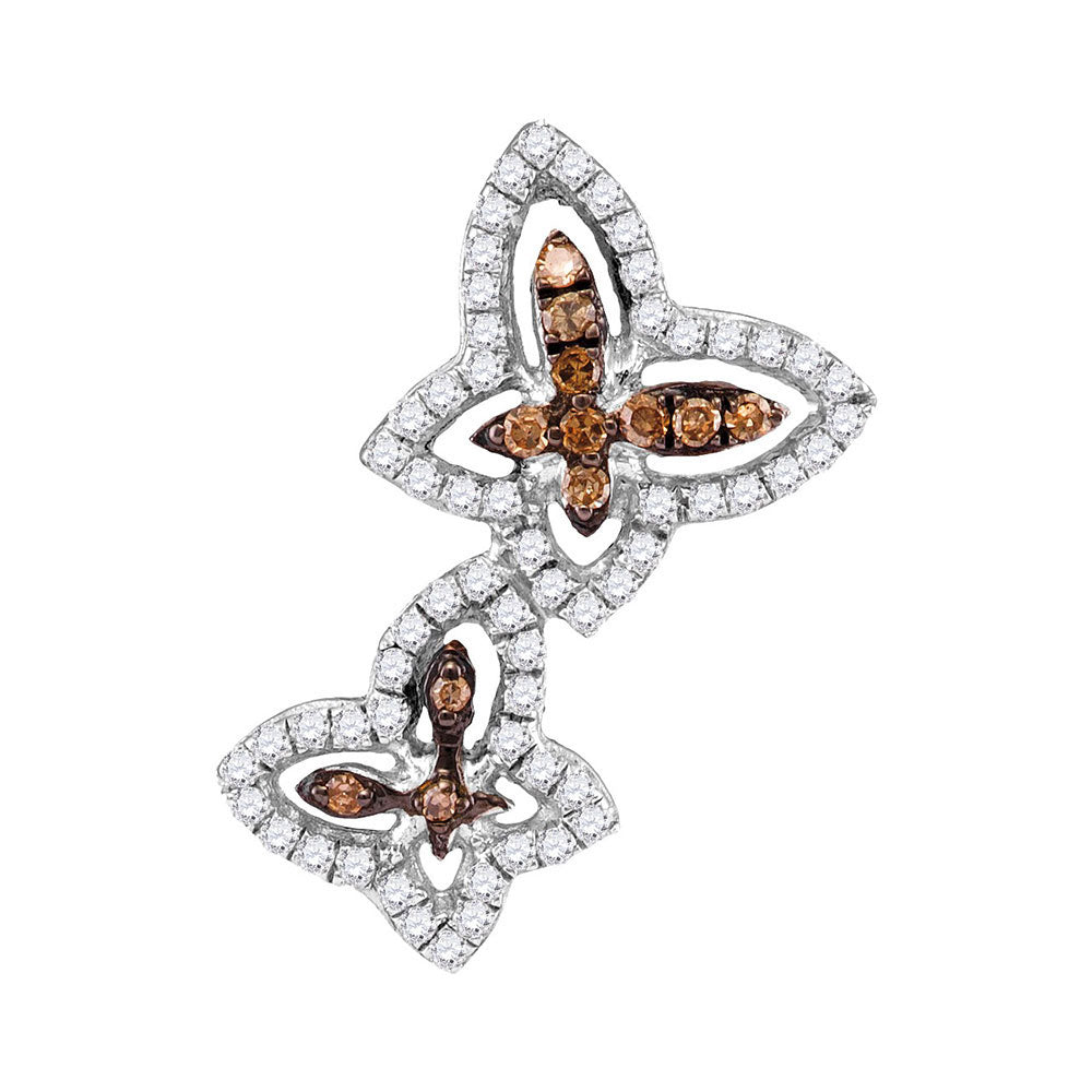 10kt White Gold Womens Round Brown Diamond Double Butterfly Bug Pendant 1/3 Cttw