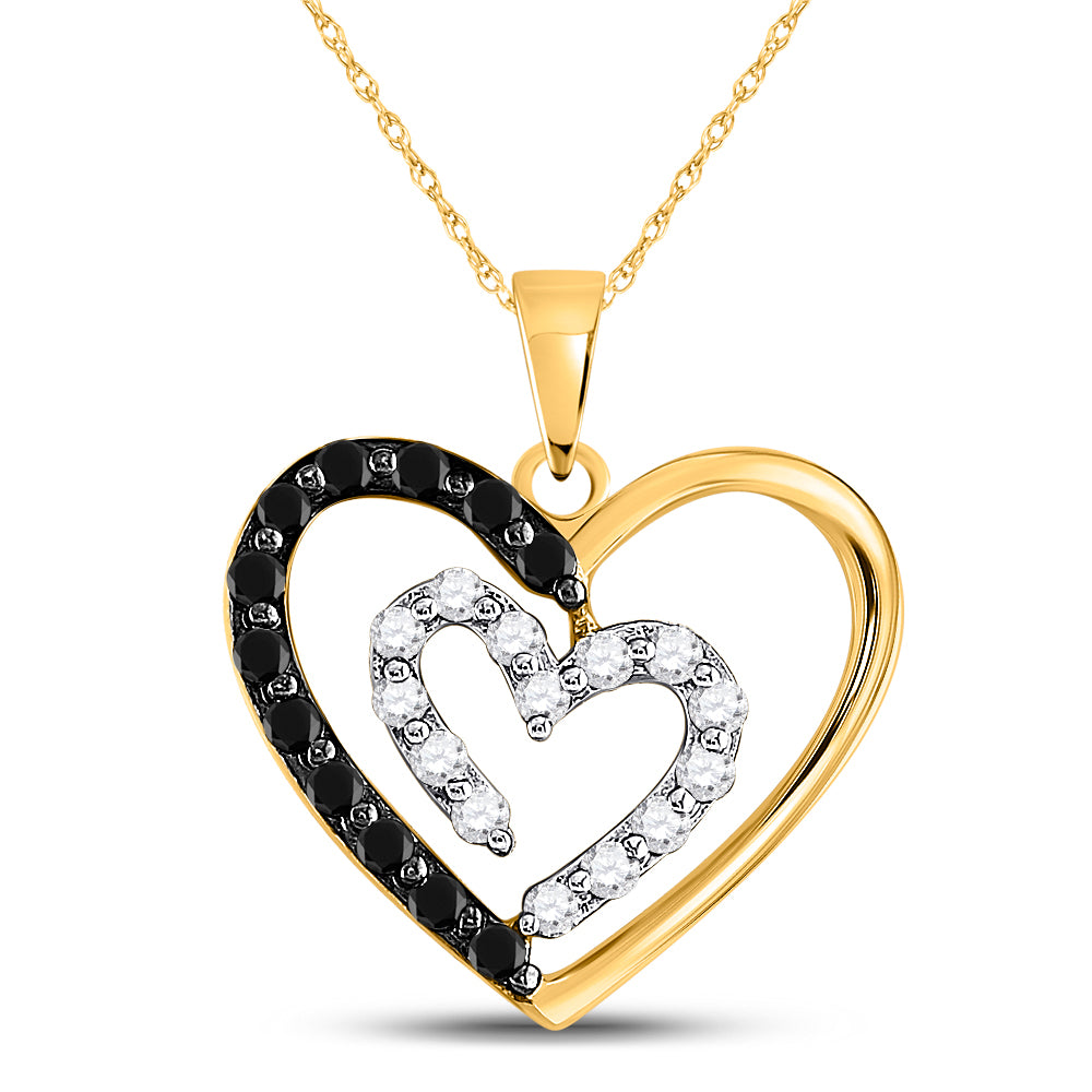 14kt Yellow Gold Womens Round Black Color Enhanced Diamond Heart Pendant 1/2 Cttw